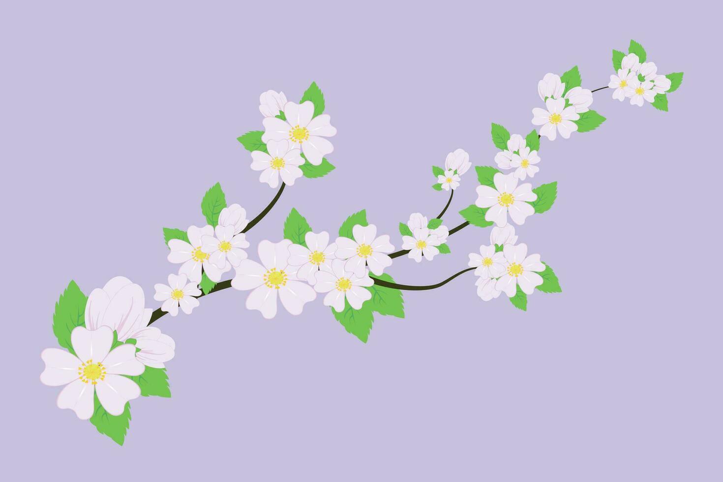 Apple tree branch with leaves and buds isolated on a lilac background. Vector illustration.