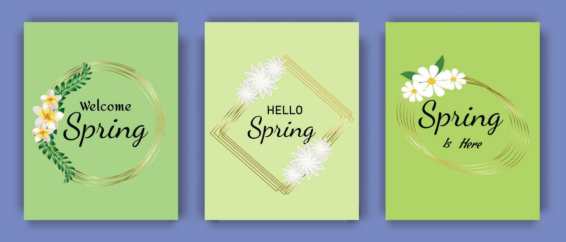 Stylish spring posters with golden geometric shapes, flowers and lettering. Spring content. Vector illustration.