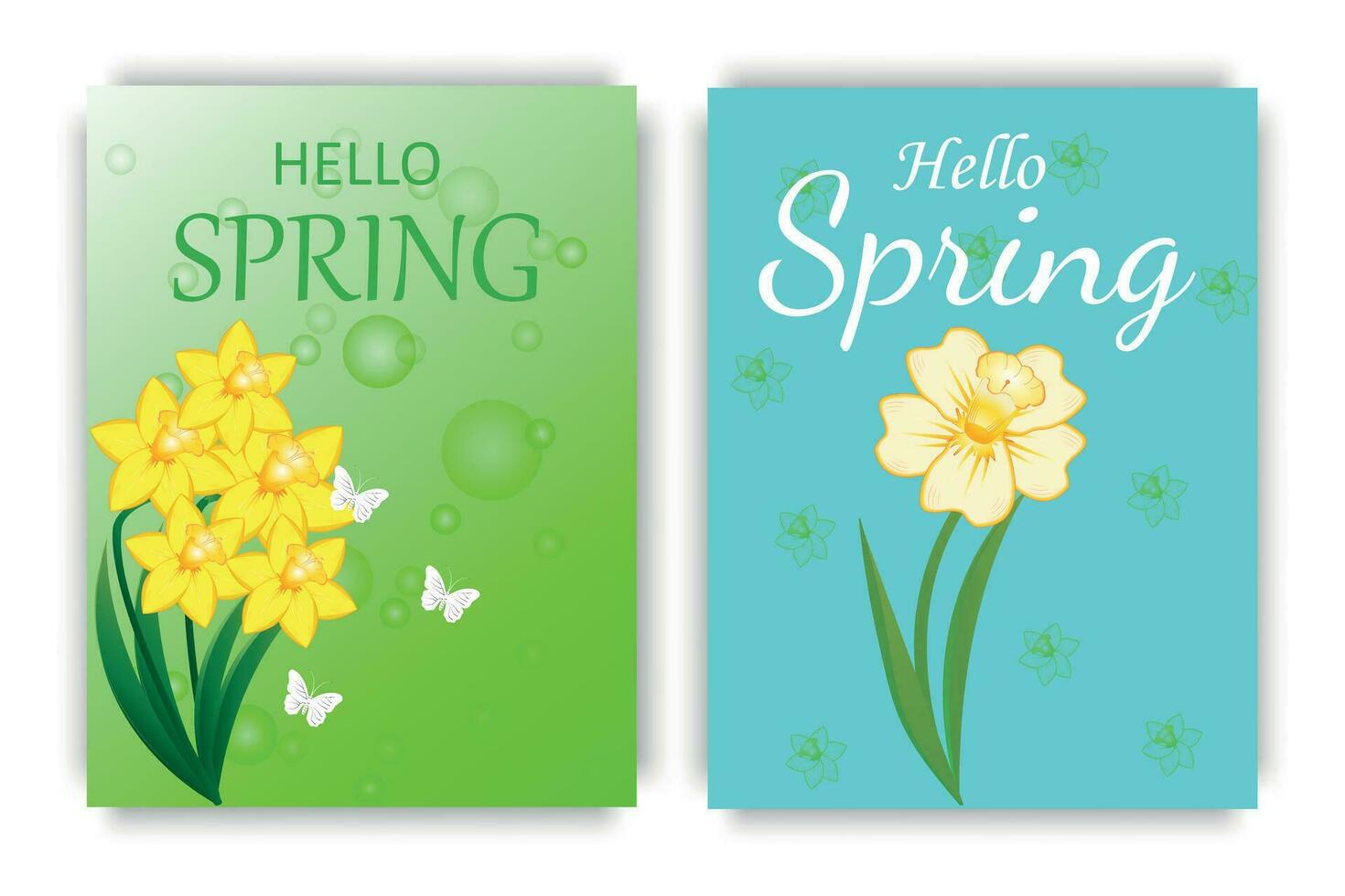 un conjunto de carteles en un primavera tema con brillante narcisos y mariposas vector ilustraciones o diseño plantillas para cubiertas, ilustraciones, invitaciones