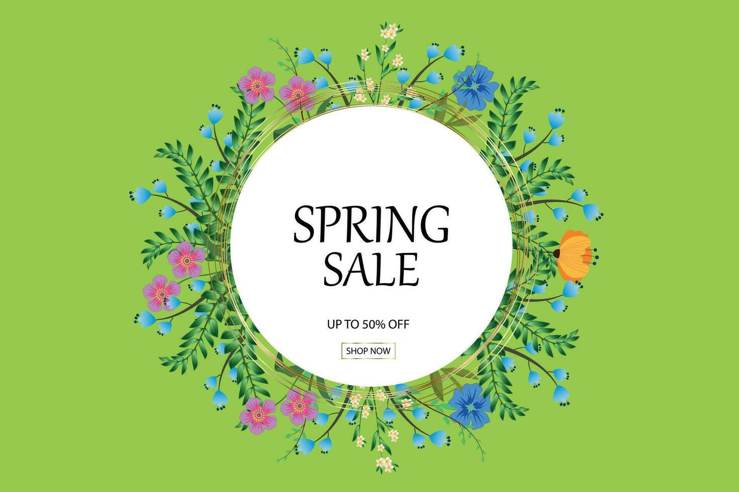 Spring sale banner with beautiful spring flowers around a white circle with gold rings. Can be used for templates, banners, invitations, posters. Vector illustration.