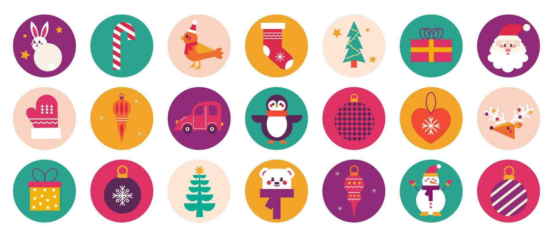 Christmas set stickers in modern geometric style. Santa, gift, ball and other festive elements. Merry Christmas and New year template, icon, sign vector