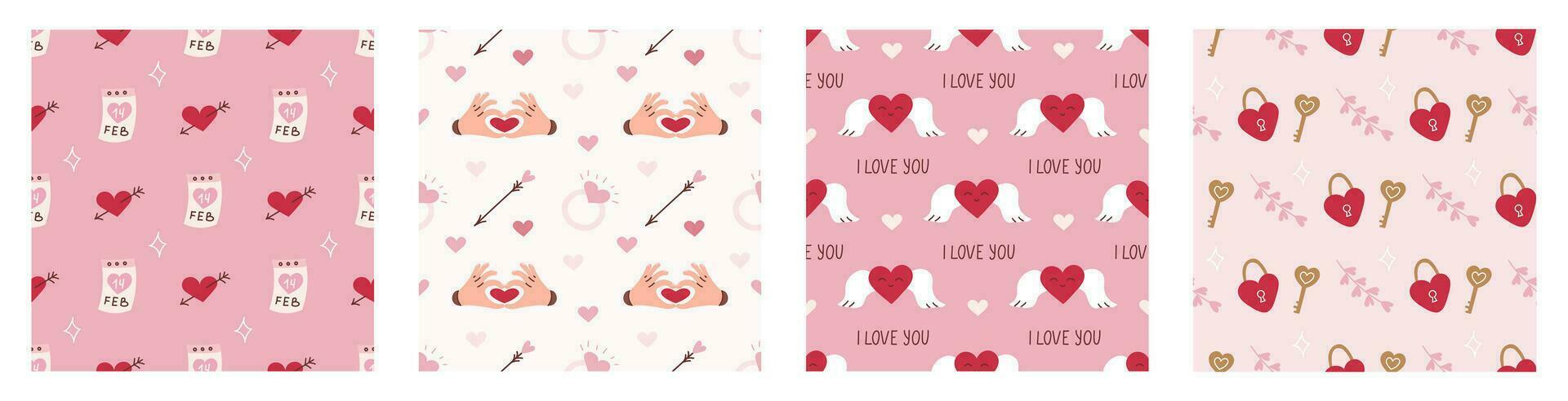 Set of seamless patterns for Valentine's Day. Romantic vector backgrounds. Ornament for postcards, wallpapers, wrapping paper