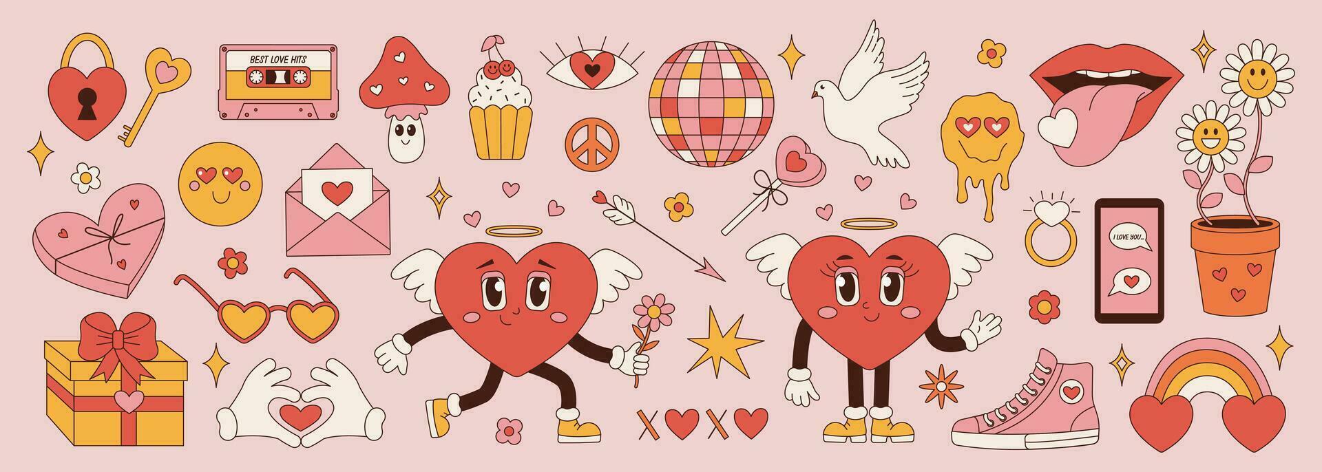 retro maravilloso conjunto para san valentin día. gracioso caracteres en forma de corazón, hippie amor pegatina, tendencia 60s años 70 vector dibujos animados ilustración