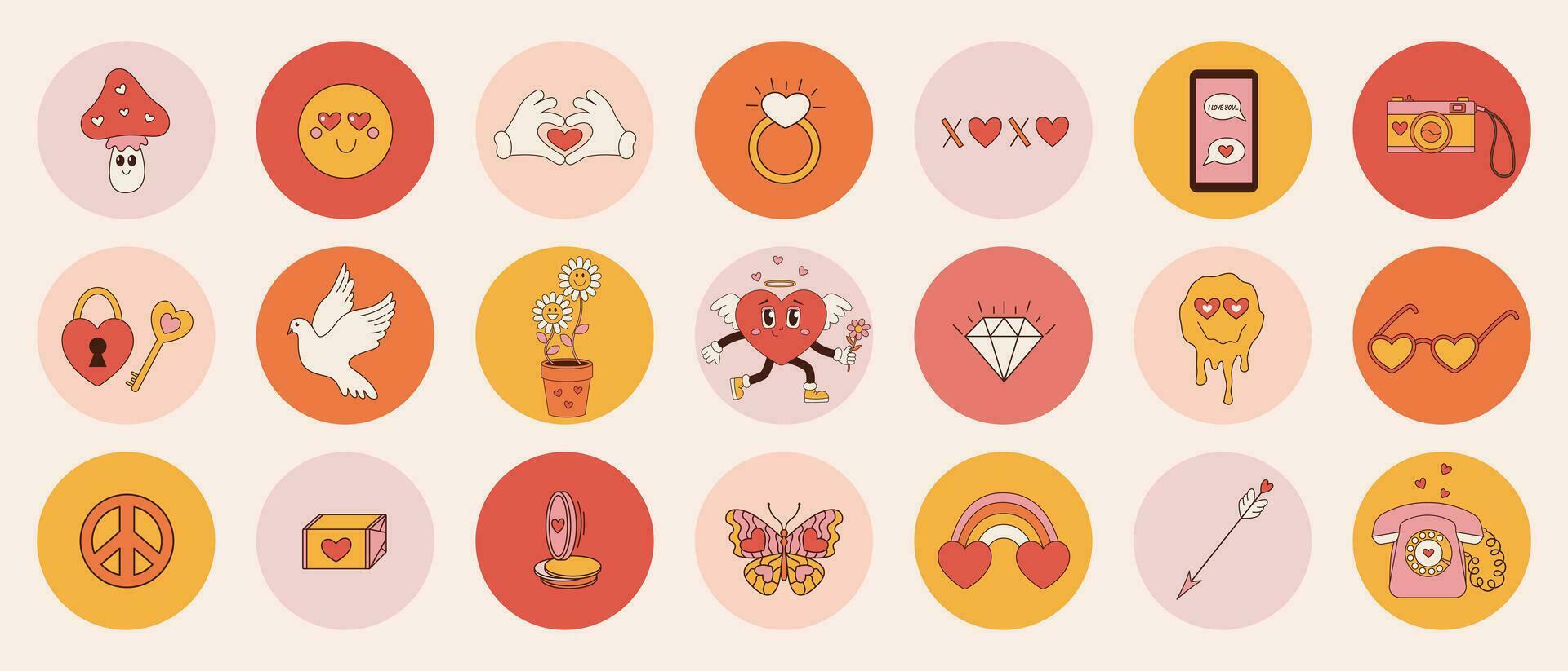 Groovy set stickers for Valentines day. Daisy, character heart, rainbow. Love concept. Vector illustration in trendy retro 60s 70s style