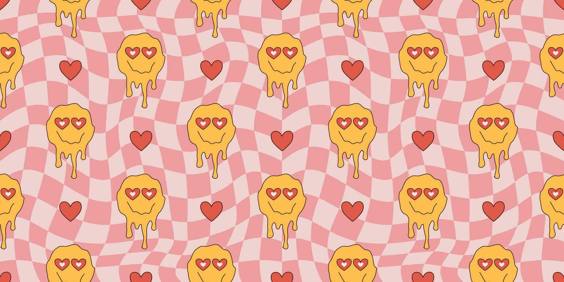 Groovy seamless pattern Valentines Day. Retro hippie psychedelic style vector wallpaper in 60s, 70s. Psychedelic chessboard
