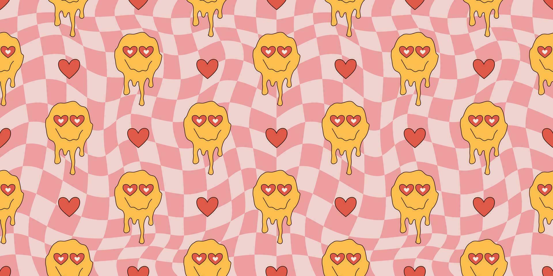 maravilloso sin costura modelo san valentin día. retro hippie psicodélico estilo vector fondo de pantalla en años 60, años 70 psicodélico tablero de ajedrez