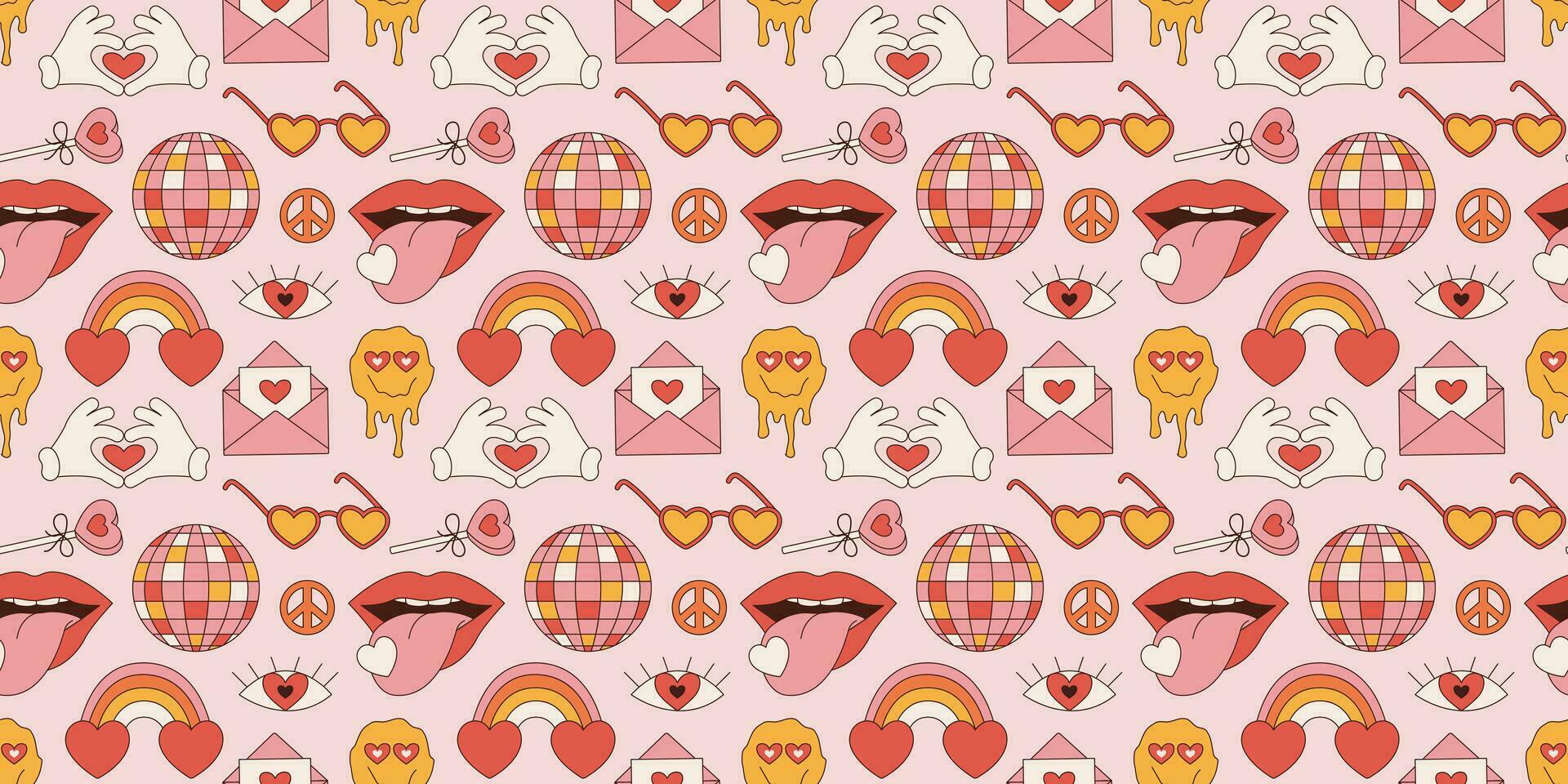 maravilloso sin costura modelo san valentin día. retro hippie psicodélico estilo vector fondo de pantalla en años 60, años 70 vector dibujos animados antecedentes