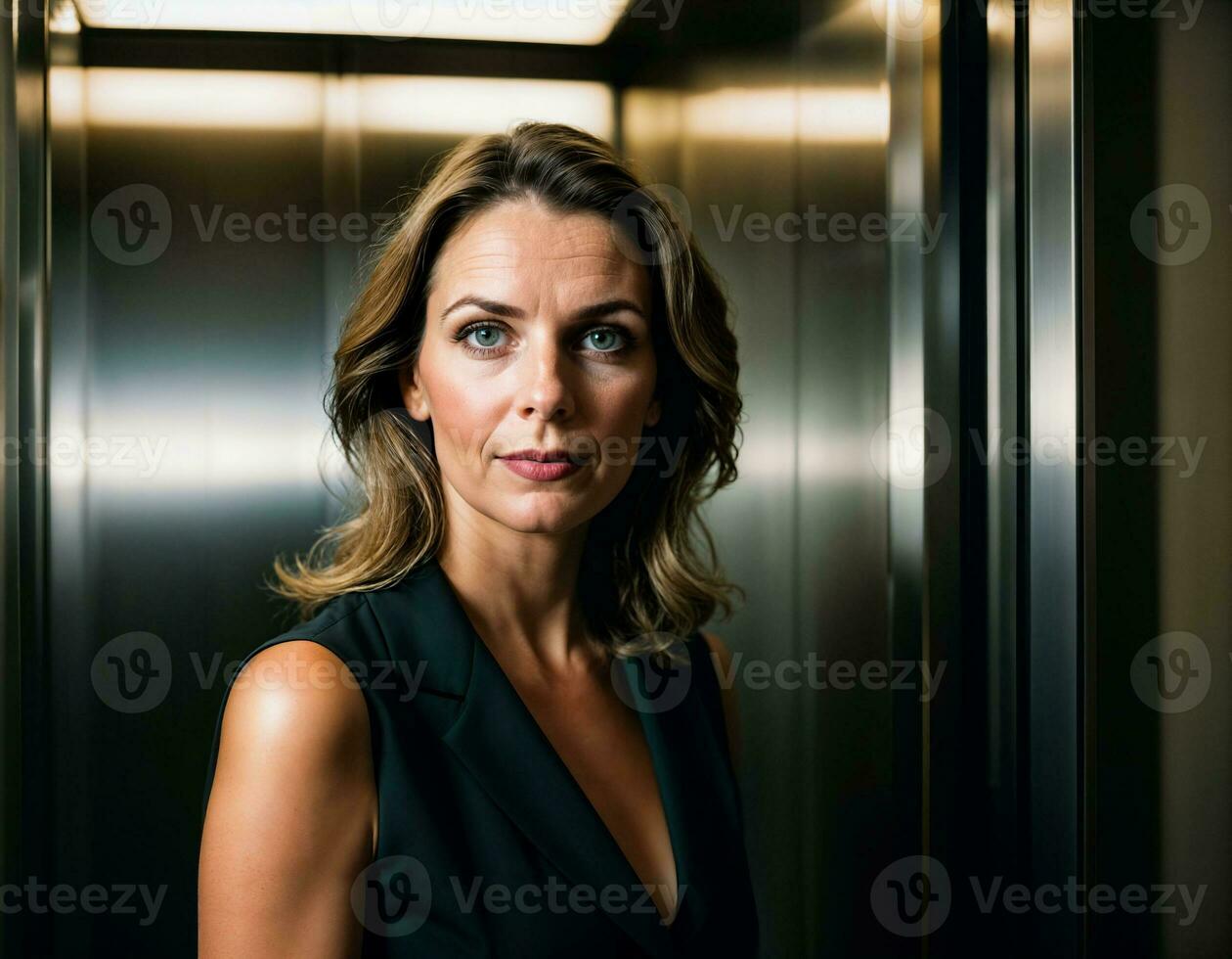 AI generated photo of middle aged woman as a office working woman standing near elevator, generative AI