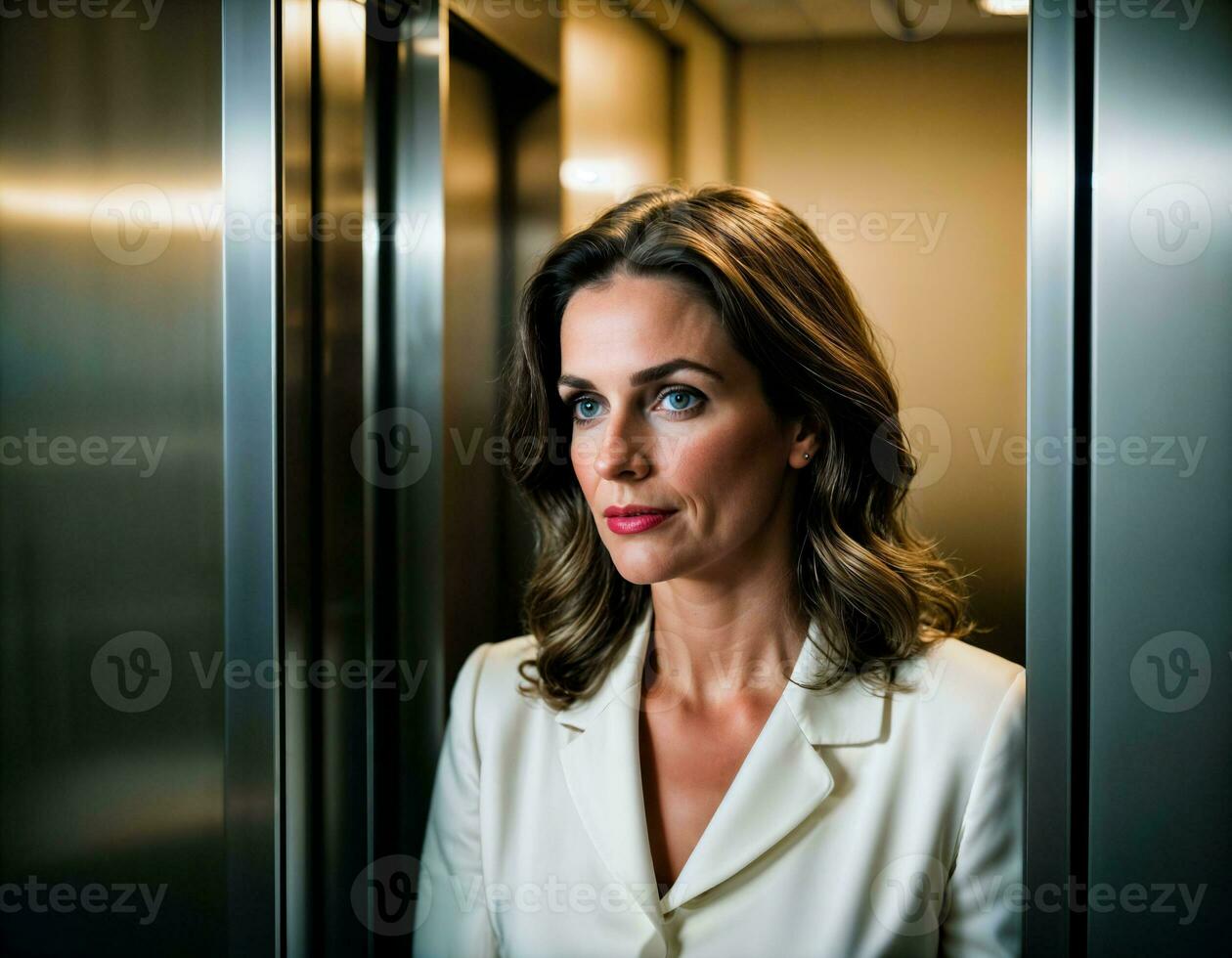AI generated photo of middle aged woman as a office working woman standing near elevator, generative AI