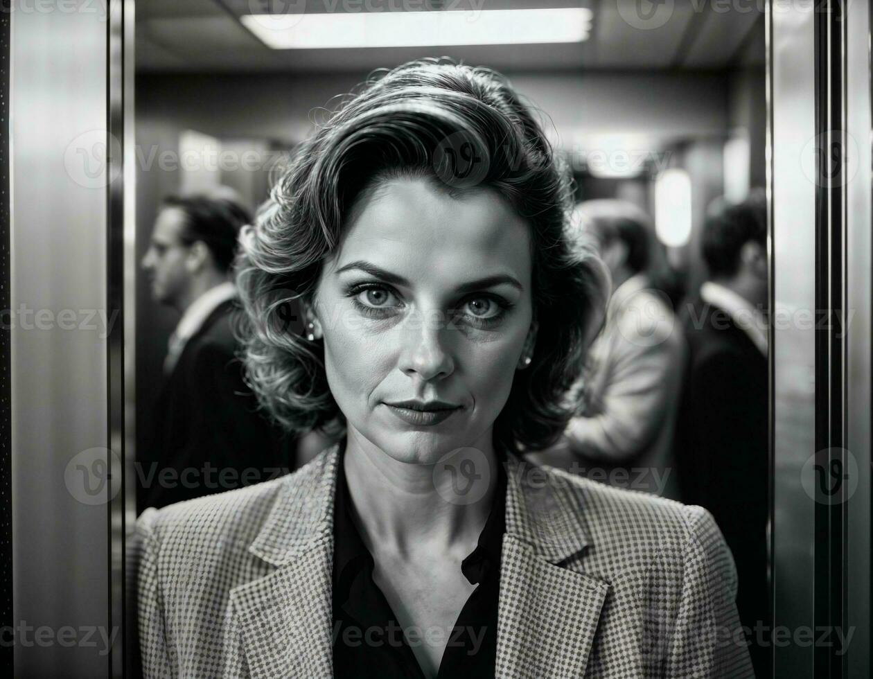 AI generated photo of middle aged woman as a office working woman standing near elevator, generative AI