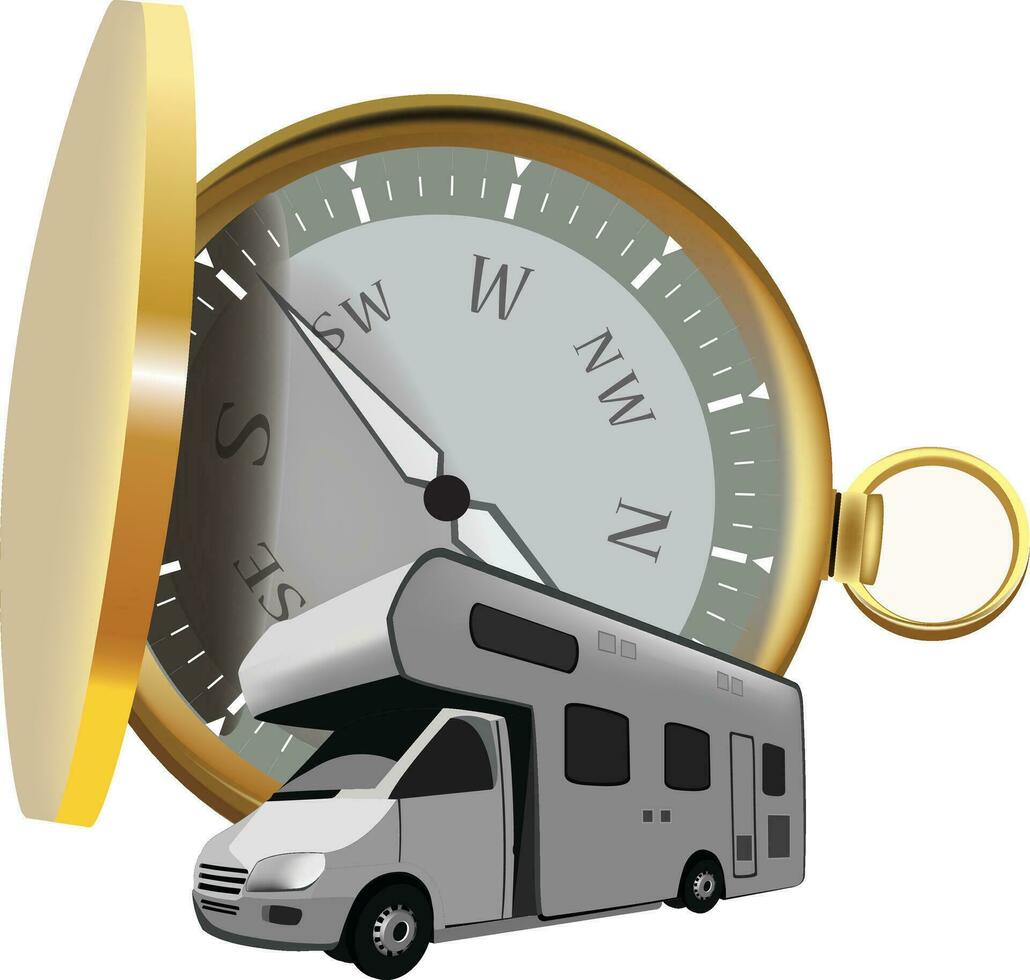 caravan camping trip with compass vector