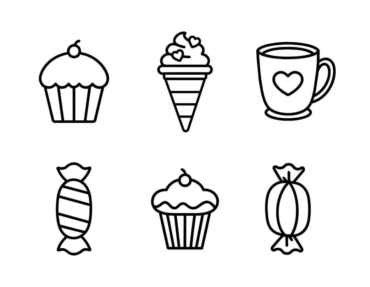 vector negro y blanco recopilación. conjunto de lineal íconos de postres magdalena con crema y cereza, hielo crema, dulce, taza de café o té.