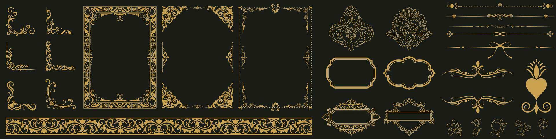 Golden vintage set includes decorative paper frames, text boxes and scrolling floral borders using rose gold line design with vintage corner tapestry borders. vector