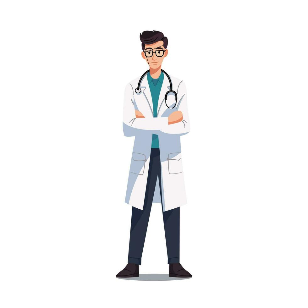 The doctor is standing confidently with crossed arms. Flat Style Cartoon Illustration. vector