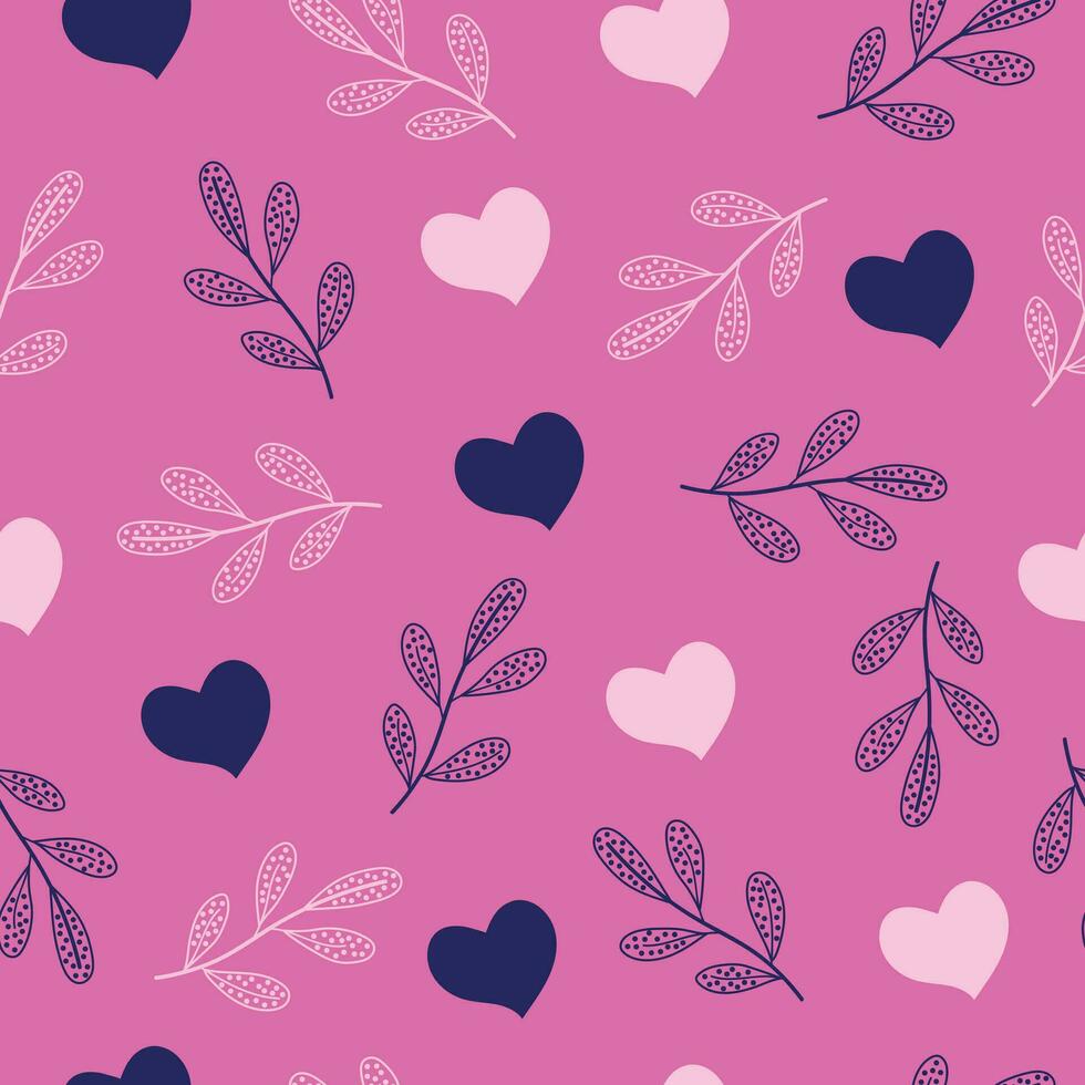 Seamless pattern with hearts and a decorative twig on a pink background. Pattern on the swatch panel. vector