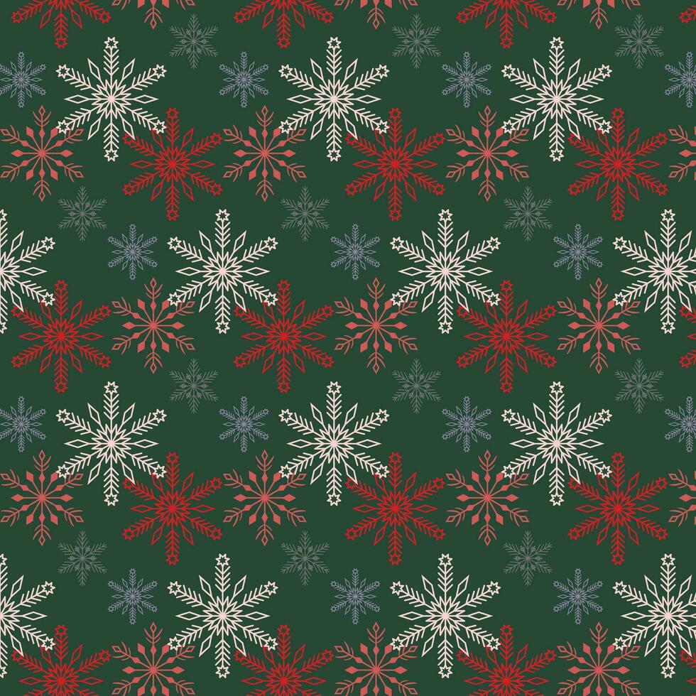 Winter pattern with Christmas trees and snowflakes.Winter pattern with snowflakes in red and green tones. New Year and Christmas design. vector