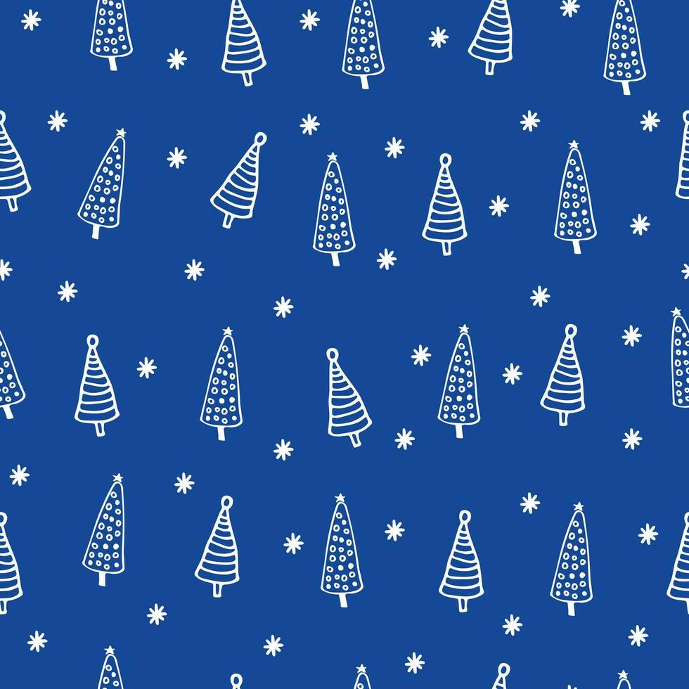 Seamless winter pattern with hand-drawn Christmas trees on a blue background. vector