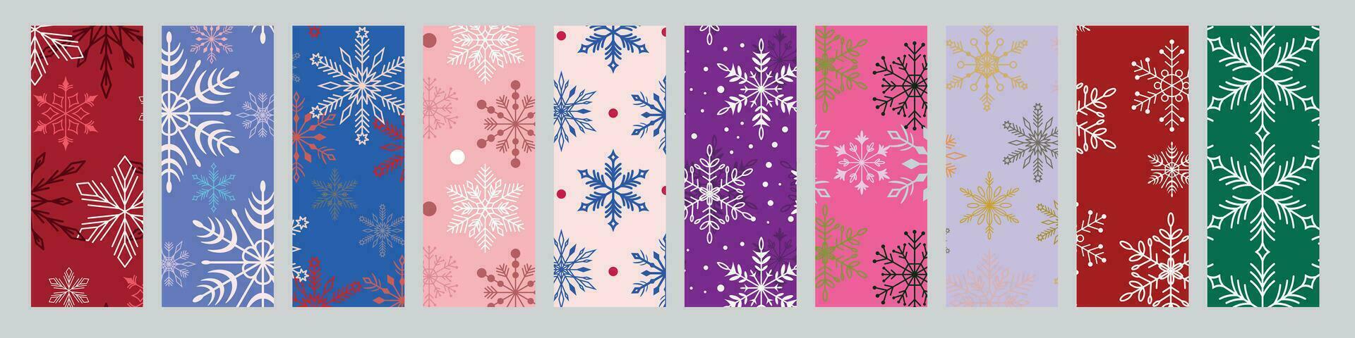 conjunto de sin costura invierno patrones para Navidad y nuevo año con copos de nieve. patrones en el muestra de tela panel. vector