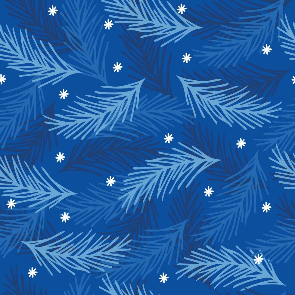 Christmas pattern with fir branches and snowflakes. Winter seamless blue background. vector