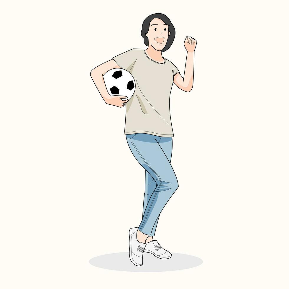 Girl standing holding soccer ball enjoy winning match game of soccer vector