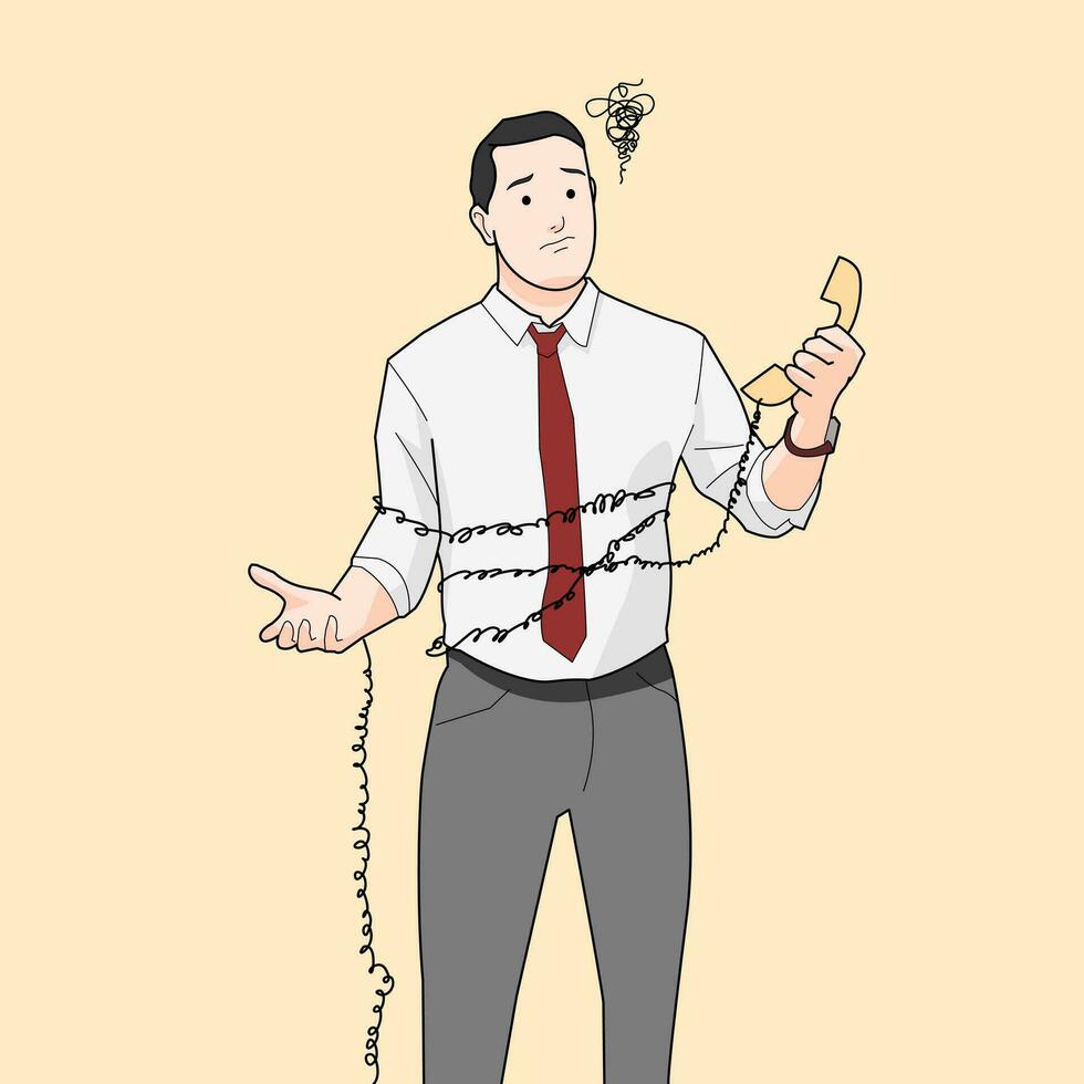 Man overwork overwhelm by phone call, stressed by incoming call vector
