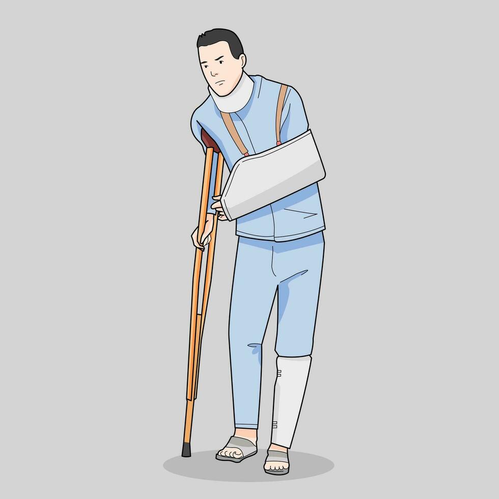 man patient walking with crutches bandages in recovery stage vector