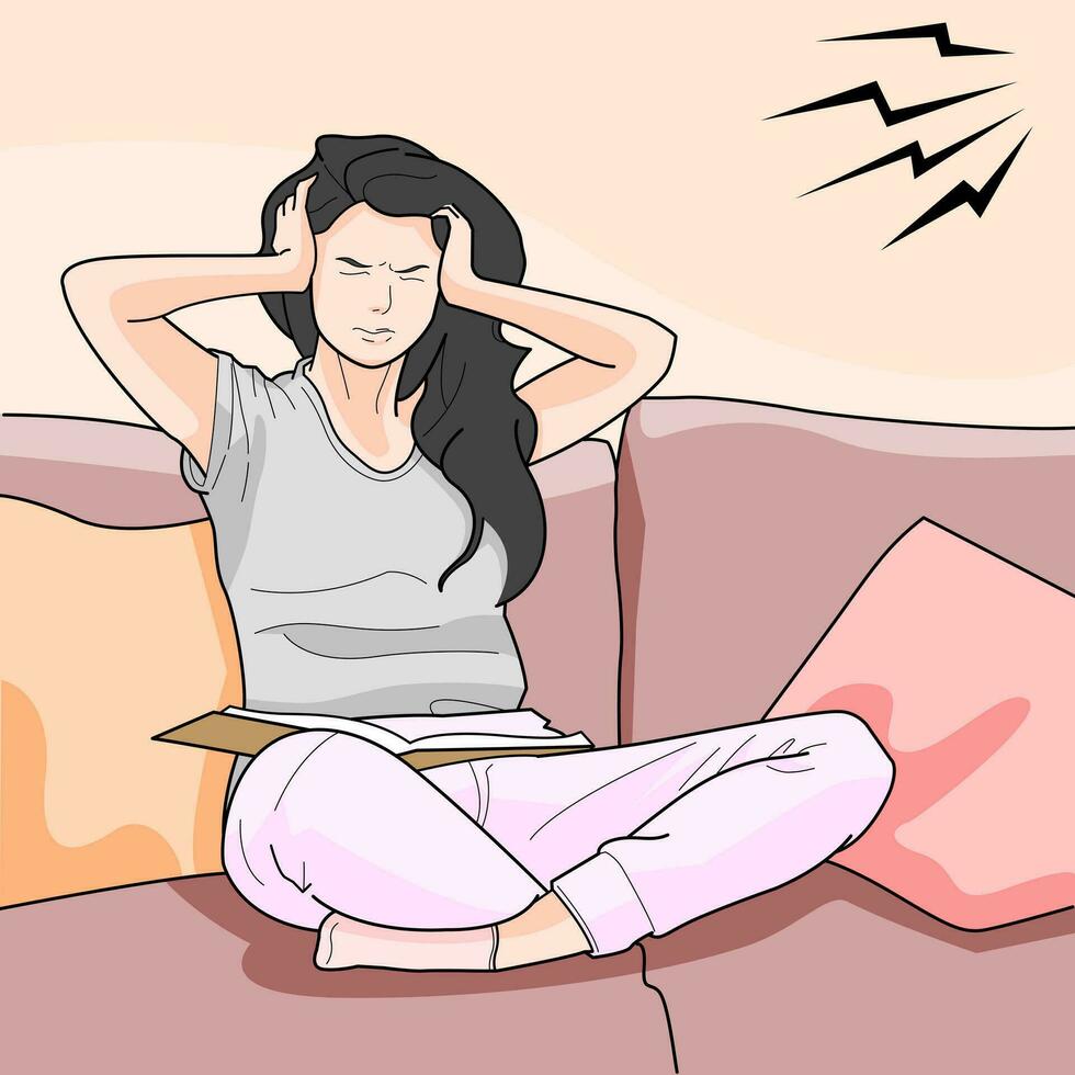 Girl sitting in sofa shut ears because neighbor loud noise, feeling stress not happy loud noise at night vector