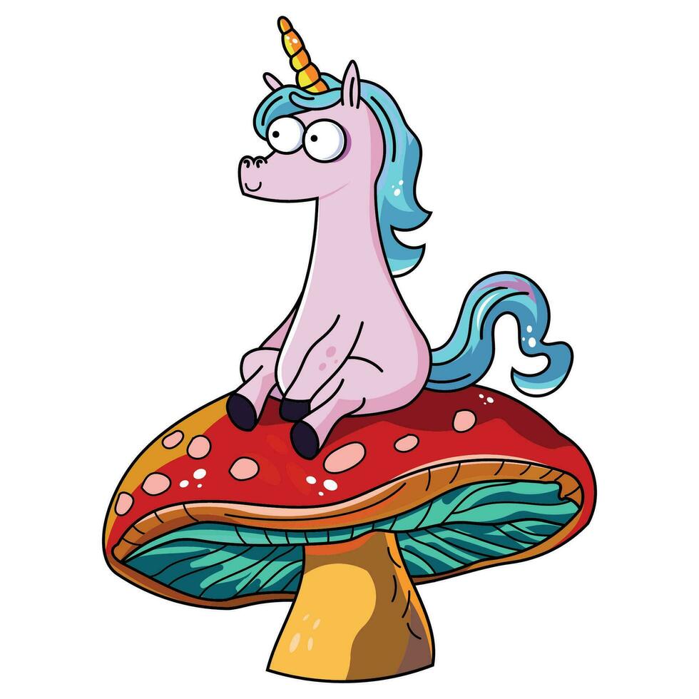 linda unicornio , vector de un linda unicornio sentado en un seta