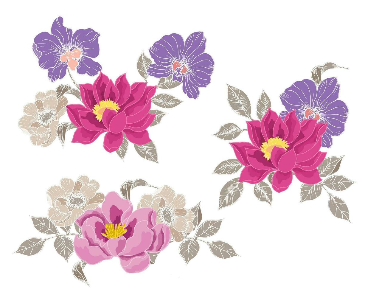 Hand Drawn Lotus and Orchid Flower Arrangement vector