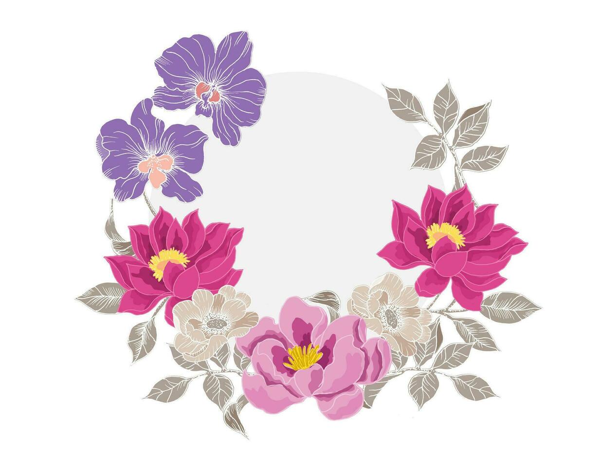 Hand Drawn Lotus and Orchid Flower Wreath vector