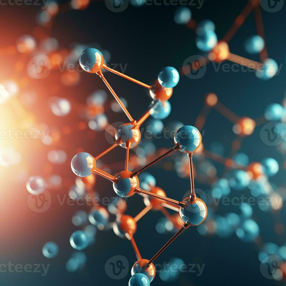 AI generated Molecule structure, on a blue background with space for text. Abstract science education. photo