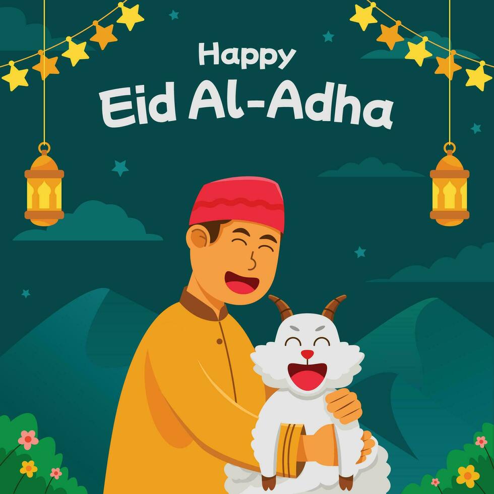Moslem Boy Hugging Goat For Sacrifice Rite vector