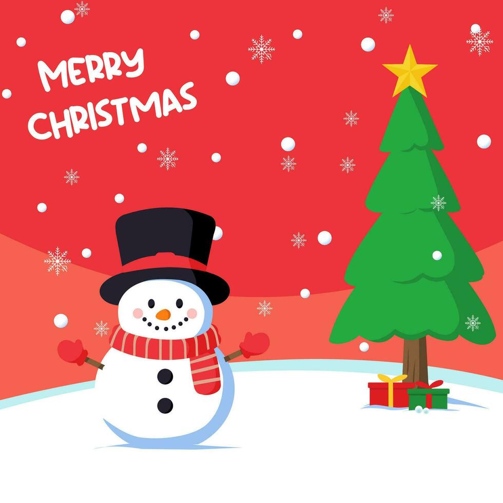 snowman and a Christmas tree on a red snowy background with Merry Christmas. Christmas greeting card illustration vector
