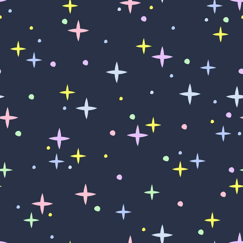 Seamless pattern with colorful stars and hand drawing shapes on dark blue background. Cute and colorful print for kids, gift cover, card. Vector illustration