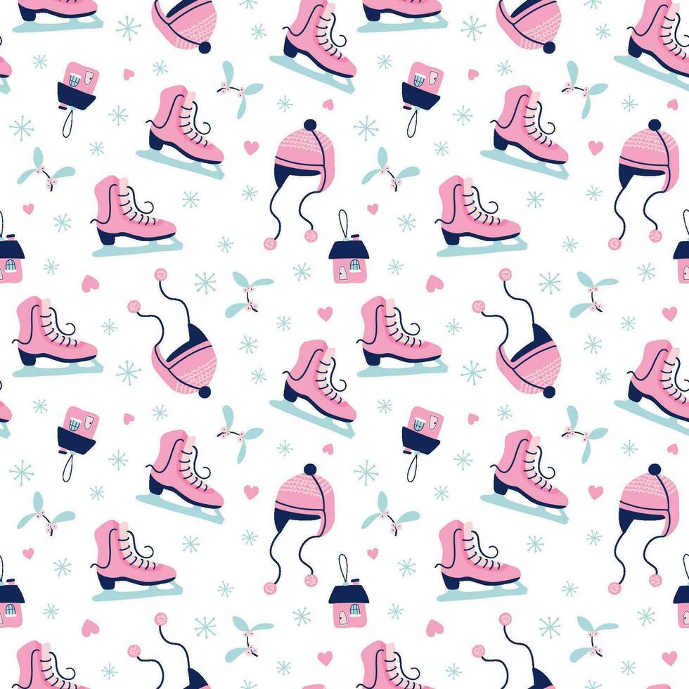 Cute New year and Christmas seamless pattern. Beautiful Winter background. Hand drawn skates, hats, mistletoe, snowflakes. Hand drawn vector print for paper, textile, greeting card.