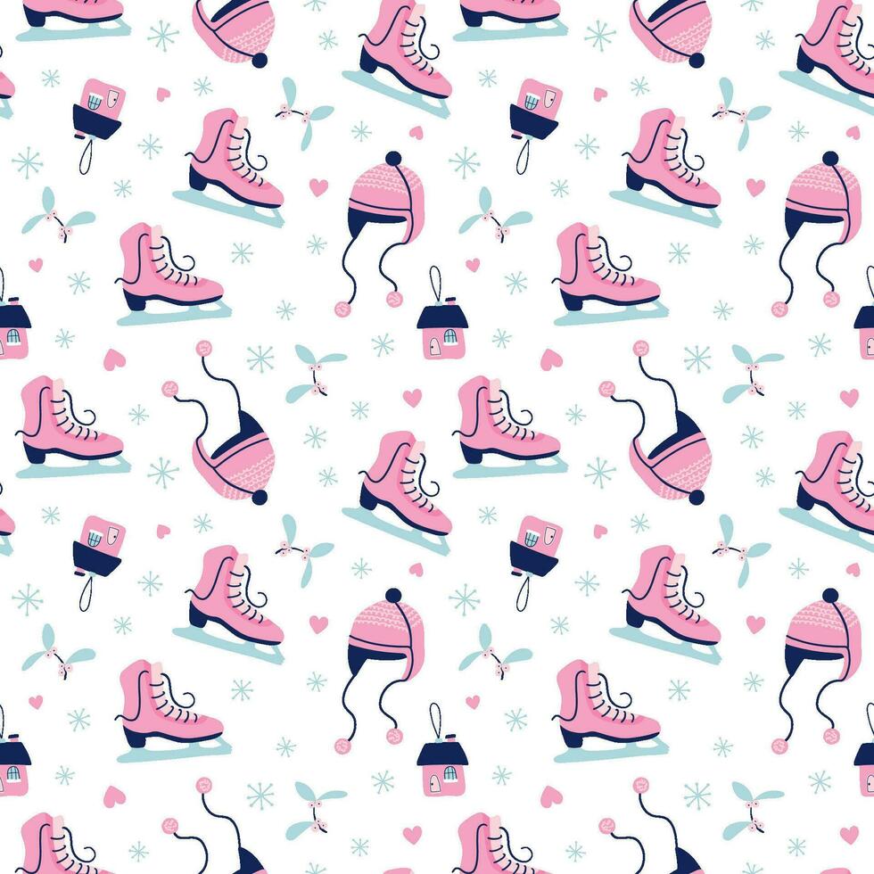 Cute New year and Christmas seamless pattern. Beautiful Winter background. Hand drawn skates, hats, mistletoe, snowflakes. Hand drawn vector print for paper, textile, greeting card.