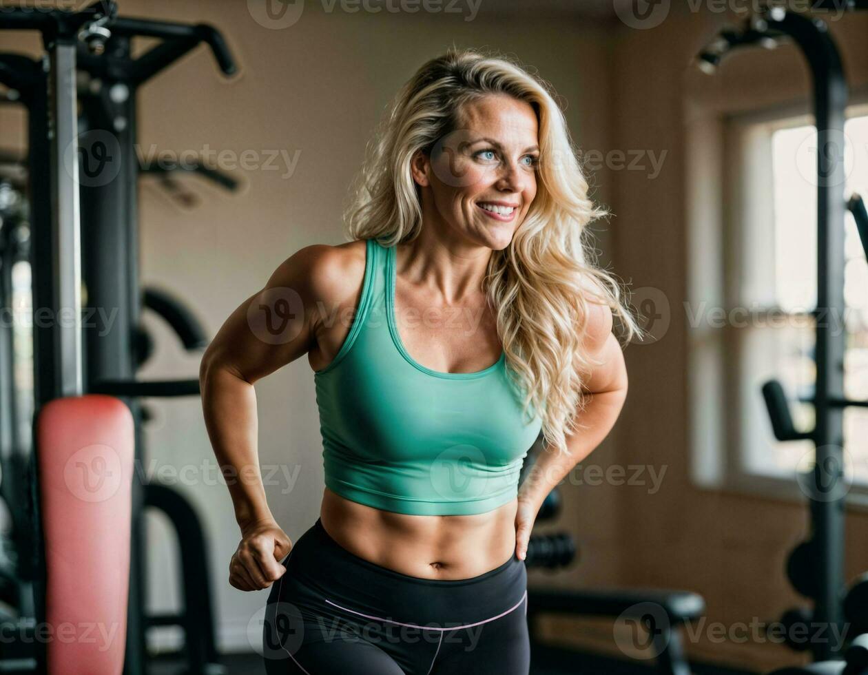 AI generated photo of beautiful middle aged woman with blonde hair and sport outfit doing exercise in gym, generative AI