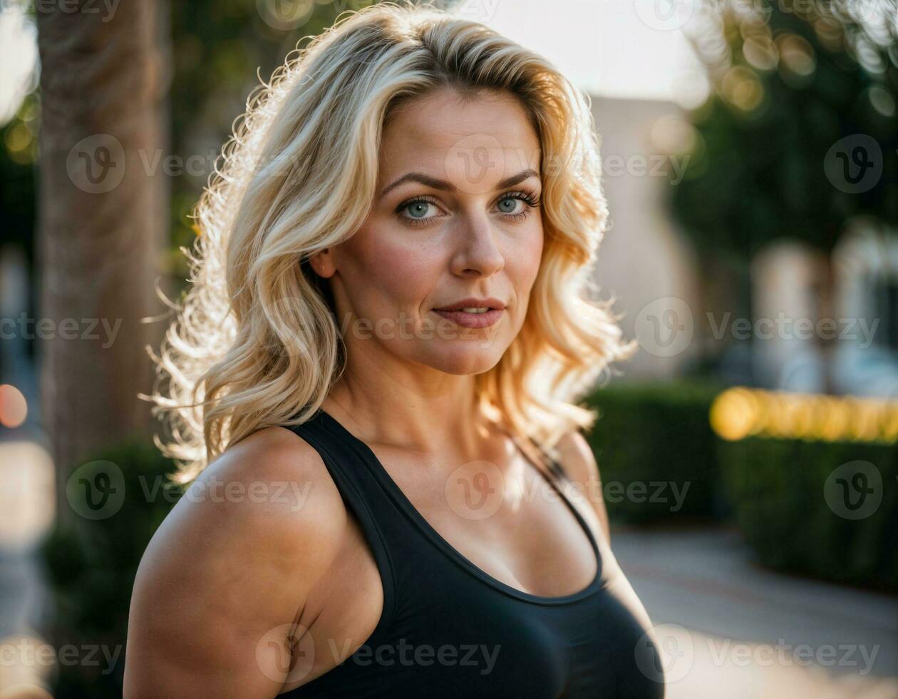 AI generated photo of beautiful middle aged woman with blonde hair and sport outfit doing exercise in gym, generative AI