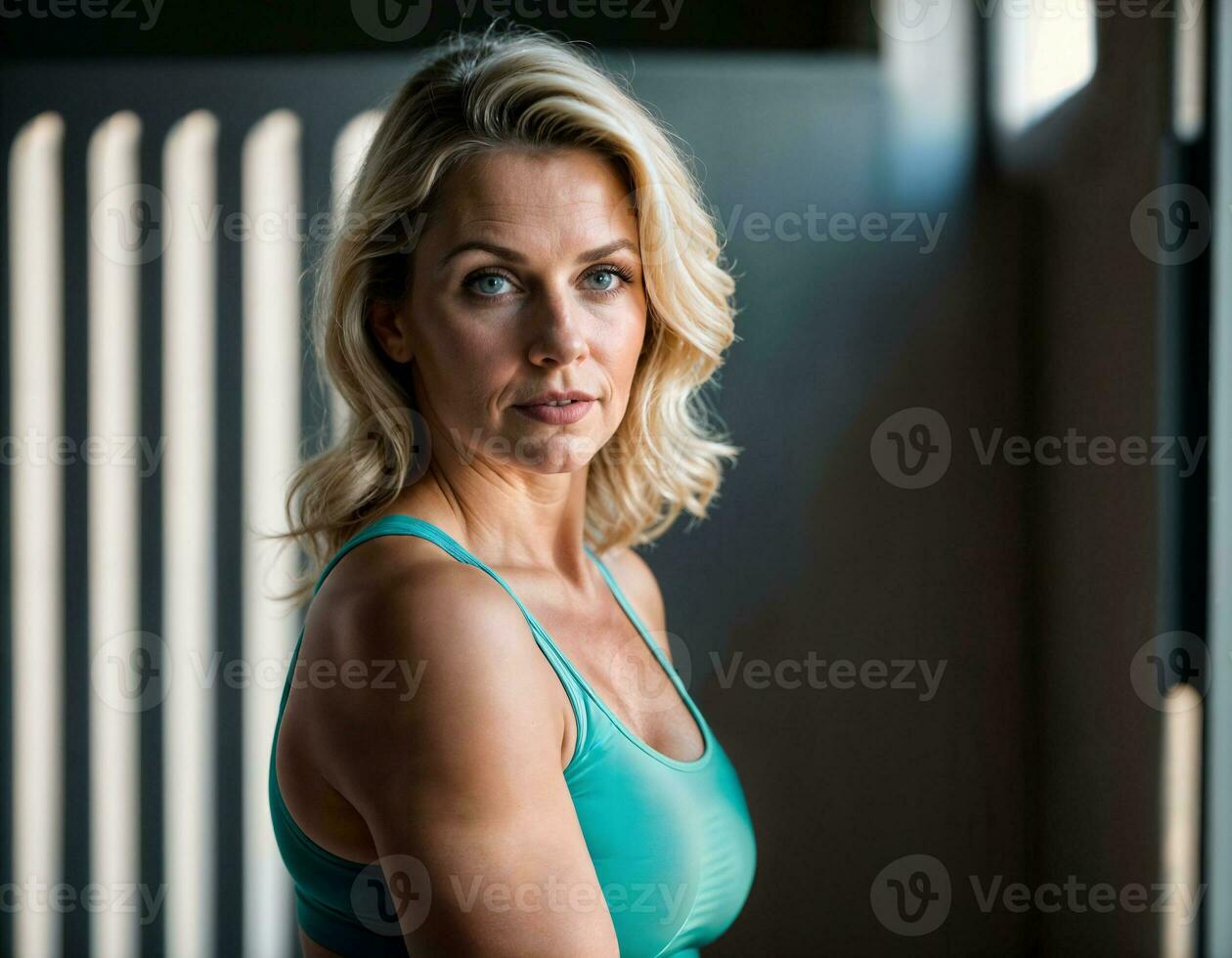 AI generated photo of beautiful middle aged woman with blonde hair and sport outfit doing exercise in gym, generative AI