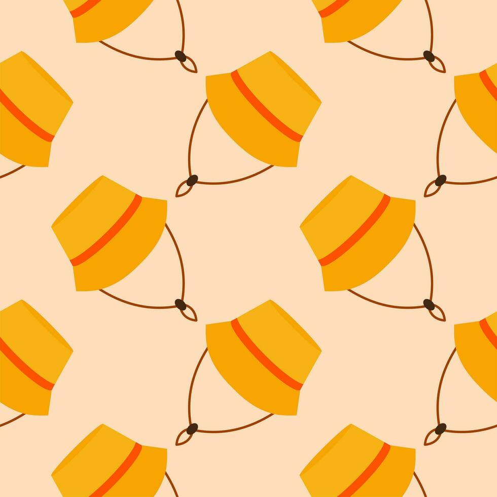 straw hat seamless pattern vector illustration. Vacation and rest in tropical country. Seasonal summer rest and relaxation. Seamless pattern print, background or wallpaper. Vector in flat style