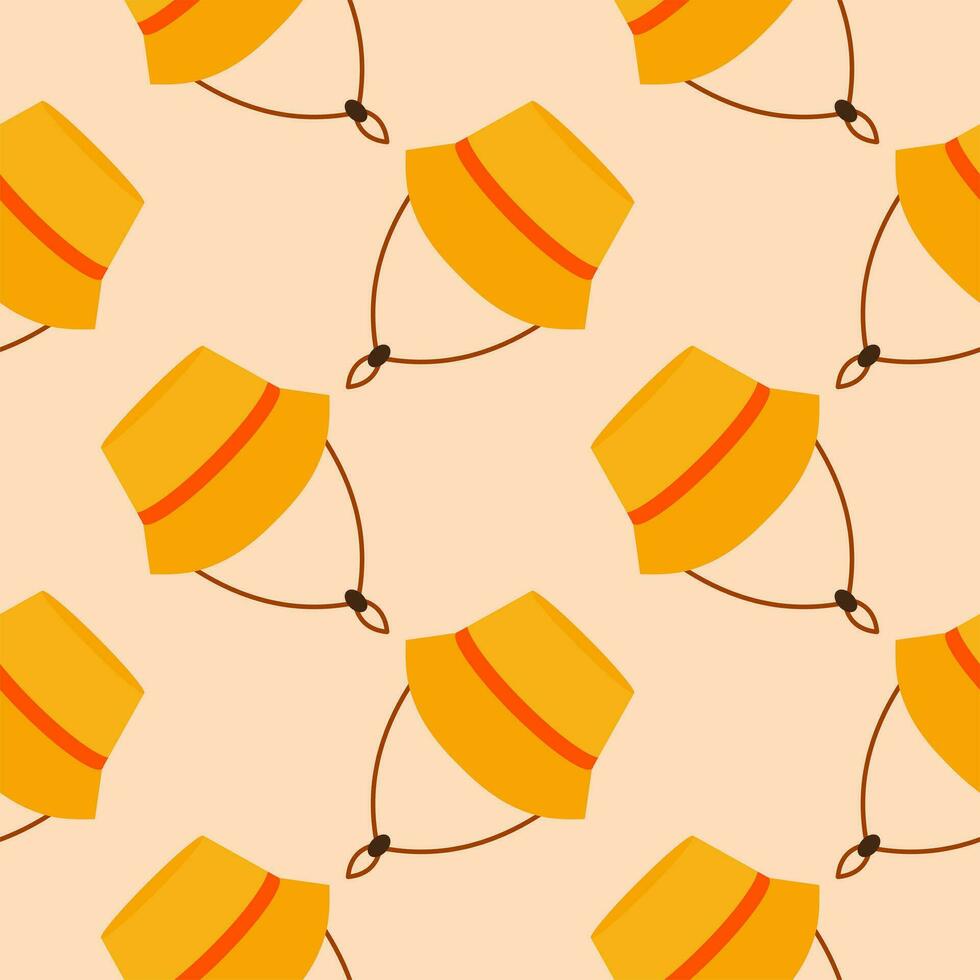 straw hat seamless pattern vector illustration. Vacation and rest in tropical country. Seasonal summer rest and relaxation. Seamless pattern print, background or wallpaper. Vector in flat style