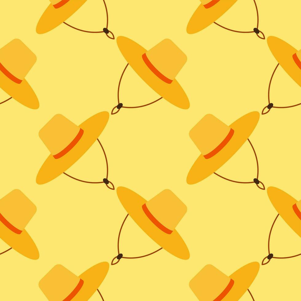 straw hat seamless pattern vector illustration. Vacation and rest in tropical country. Seasonal summer rest and relaxation. Seamless pattern print, background or wallpaper. Vector in flat style