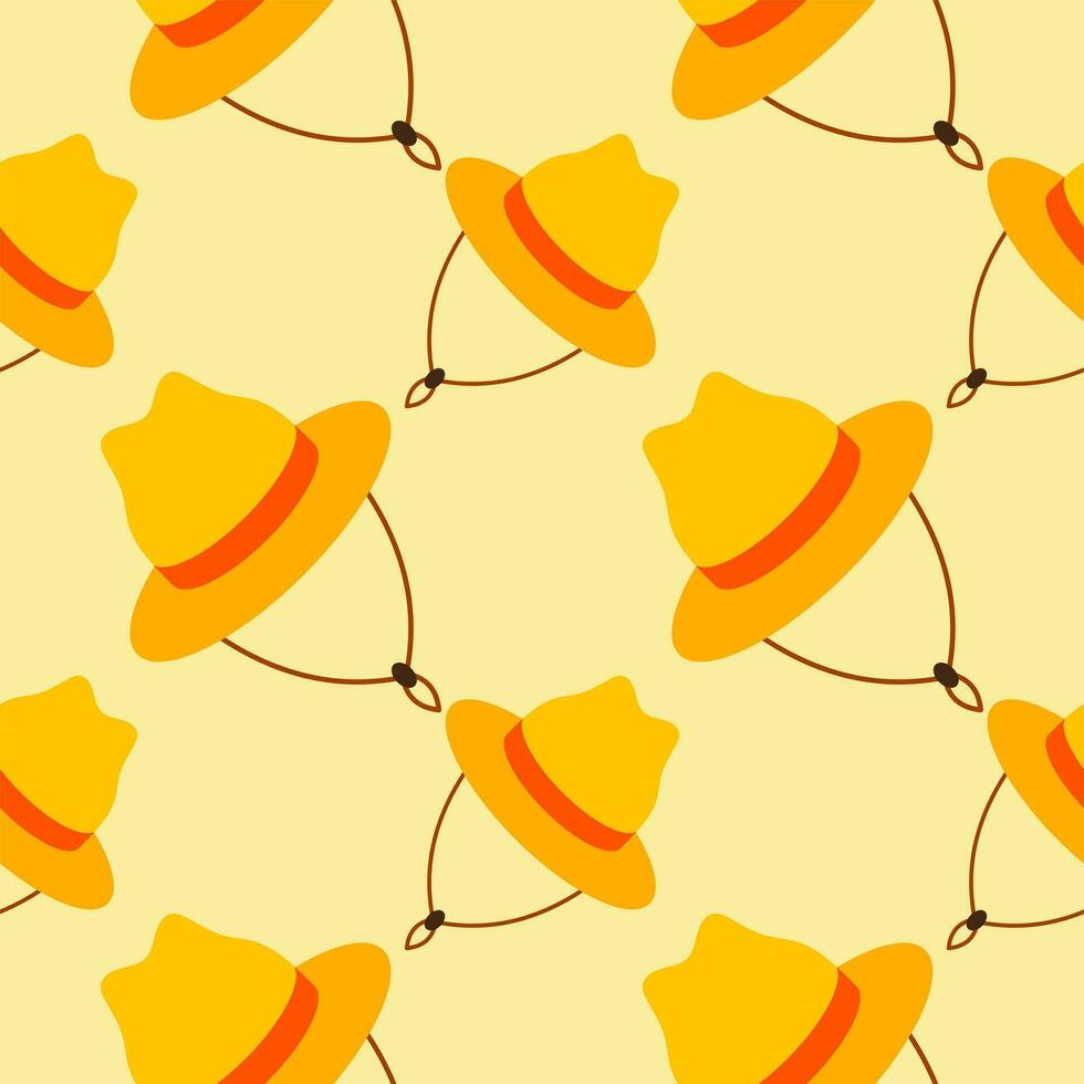 straw hat seamless pattern vector illustration. Vacation and rest in tropical country. Seasonal summer rest and relaxation. Seamless pattern print, background or wallpaper. Vector in flat style