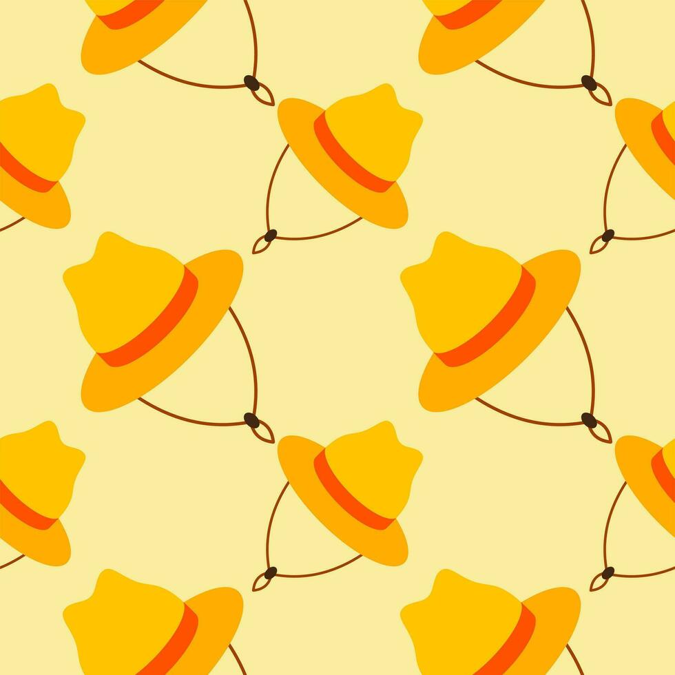 straw hat seamless pattern vector illustration. Vacation and rest in tropical country. Seasonal summer rest and relaxation. Seamless pattern print, background or wallpaper. Vector in flat style