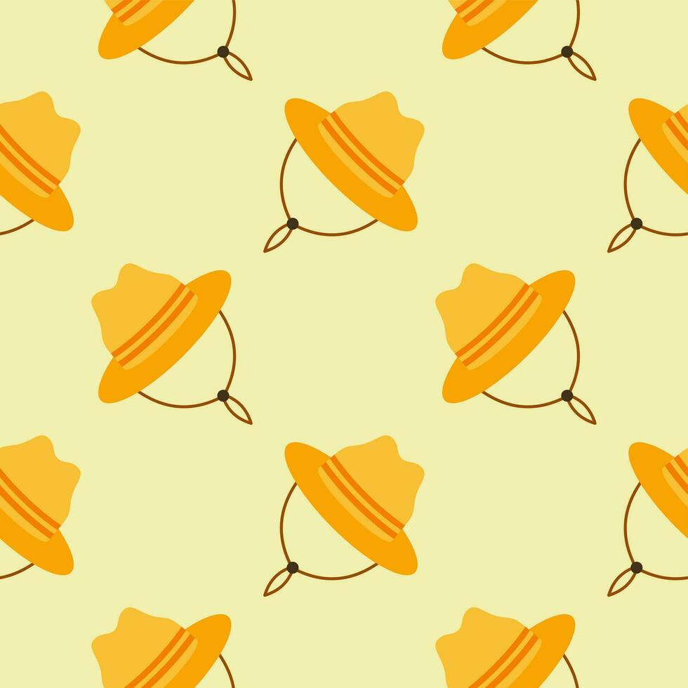 straw hat seamless pattern vector illustration. Vacation and rest in tropical country. Seasonal summer rest and relaxation. Seamless pattern print, background or wallpaper. Vector in flat style