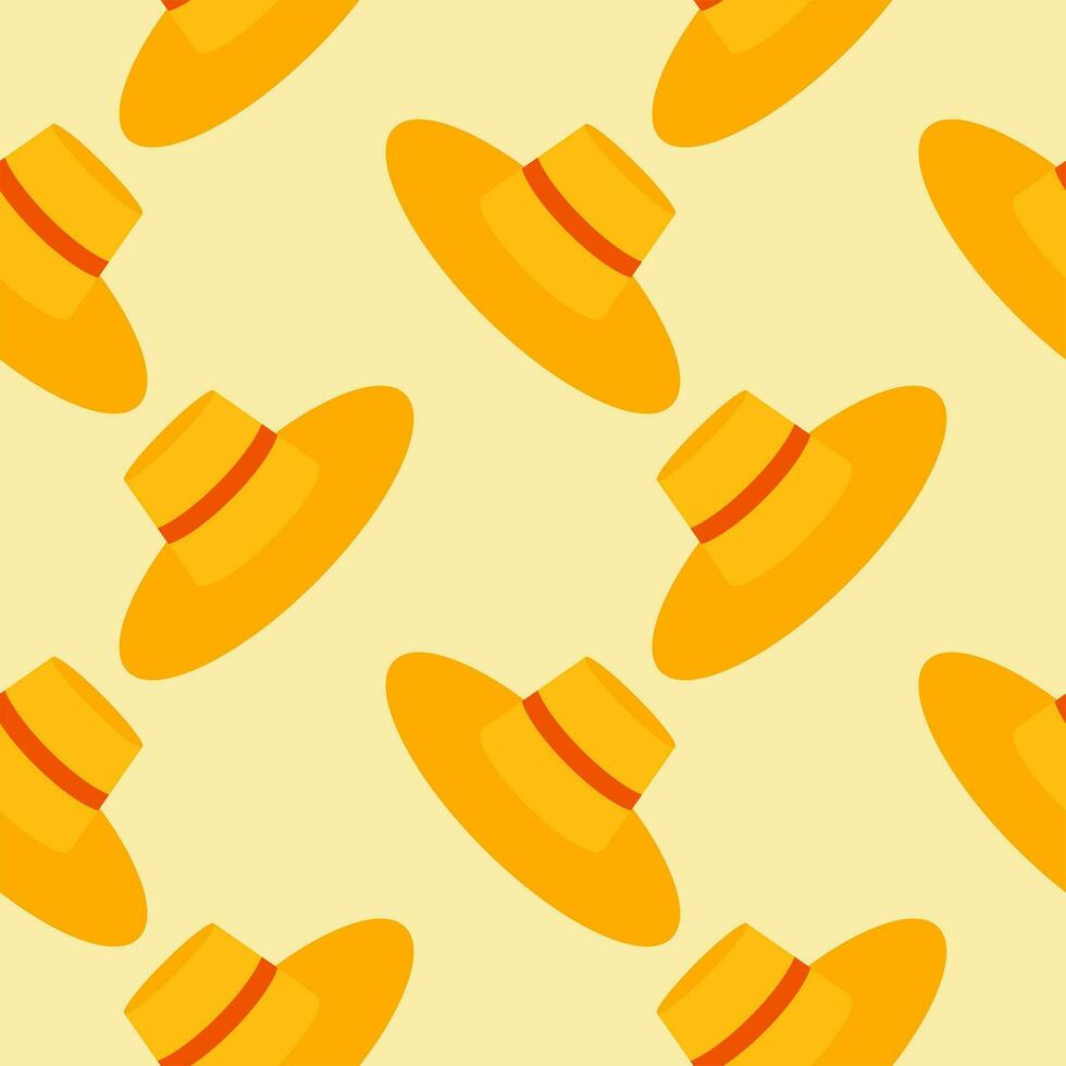 straw hat seamless pattern vector illustration. Vacation and rest in tropical country. Seasonal summer rest and relaxation. Seamless pattern print, background or wallpaper. Vector in flat style