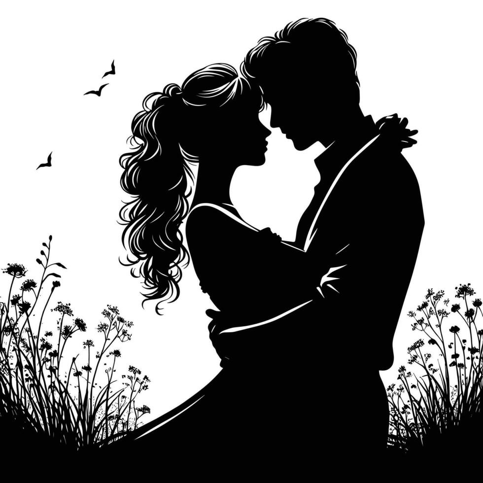 silhouette of a romantic couple in black and white vector