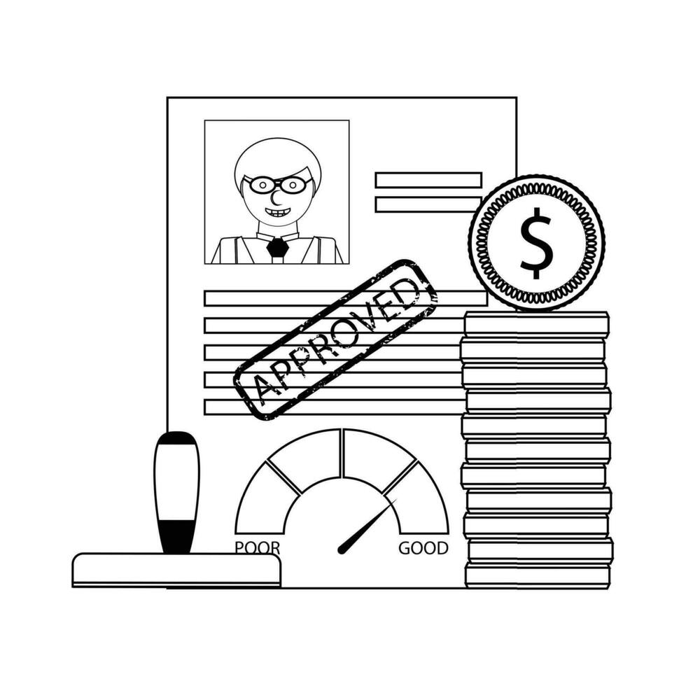 Loan approved for credit. Good credit rate and stack coins. Vector illustration