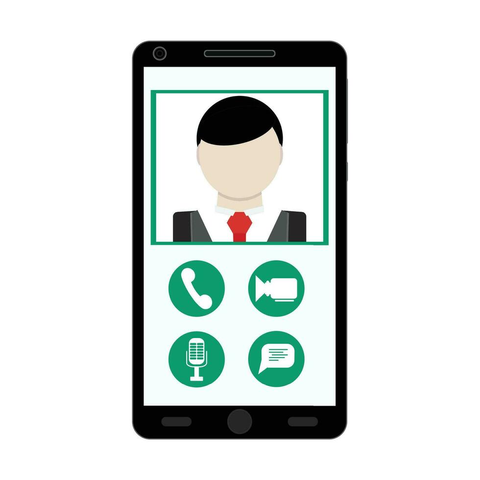 Video call use smartphone. Look to interlocutor on phone app. Vector illustration