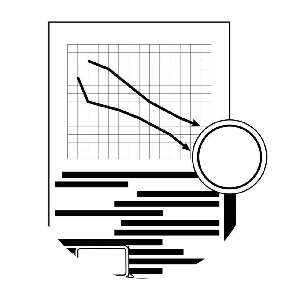 Market fall downward, magnifying glass and arrow down chart. Vector illustration